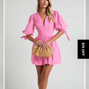 Showpo Pink Buttoned Puff Sleeve Mini Dress